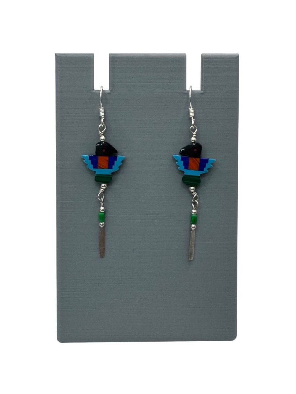 Vintage Thunderbird Dangle Earrings Sterling Silver Inlay Mosaic Turquoise Coral